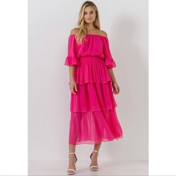 Endless Rose Chiffon Off the Shoulder Ruffle Tier Maxi Dress Size Medium - Picture 1 of 16